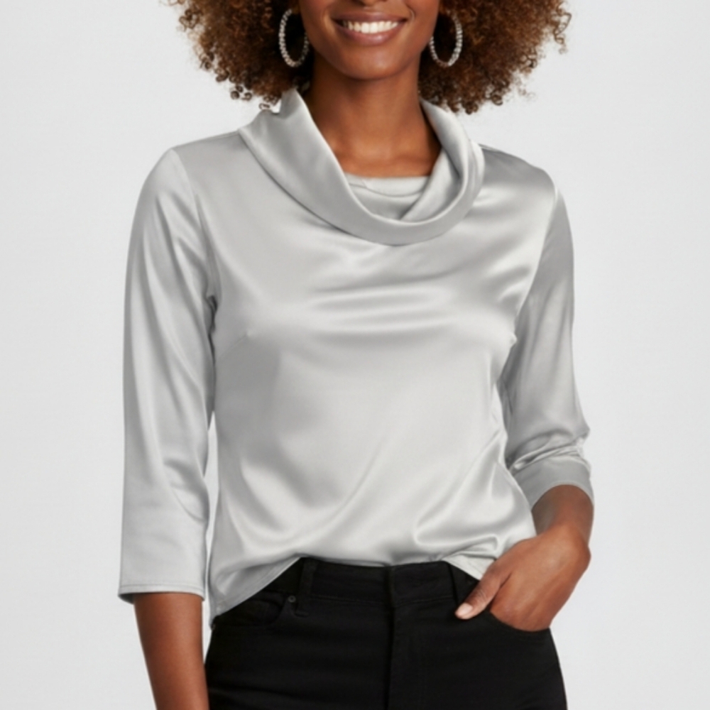 NWT Sz M Laura Petites Cowl Neck Top 3/4 Sleeves - Metallic Silver/Grey